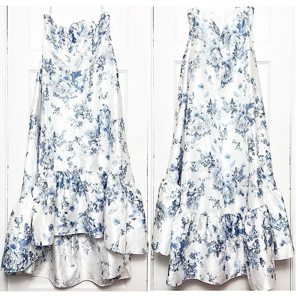 NWT ALFRED SUNG Floral Satin Twill Sweetheart Neck‎ Strapless Ruffle Hem Gown 14 - Picture 4 of 7